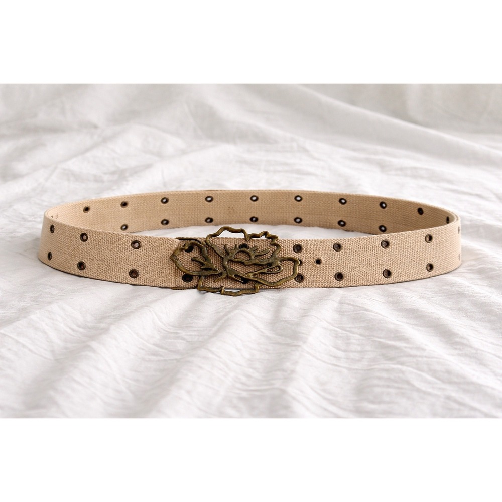 Boho Woven Belt‎ Floral Buckle Cream Canvas Grommet Festival Cottagecore